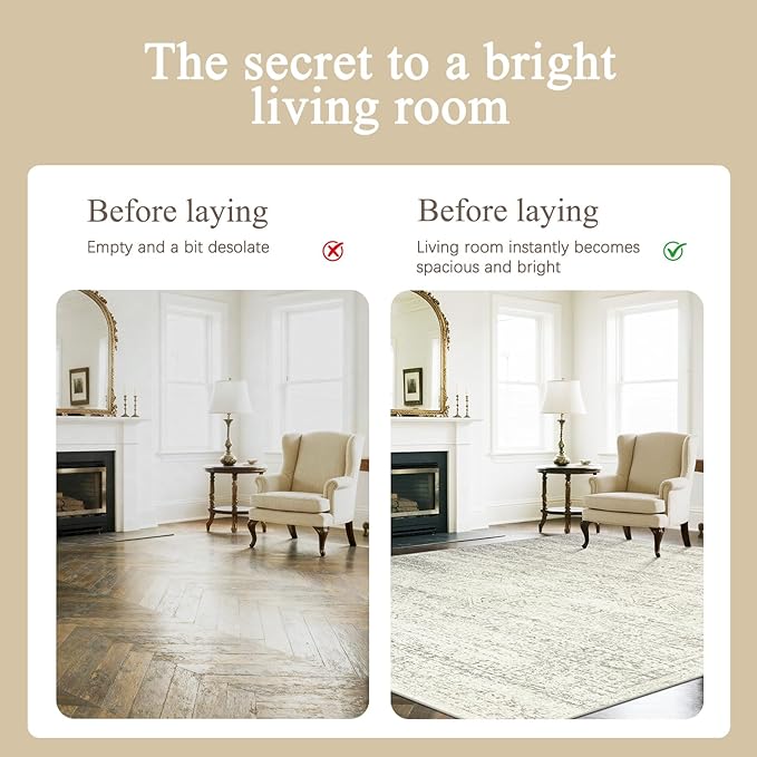 Washable Rugs 8x10 Area Rugs for Living Room,Bedroom,Dining Room- Large Ultra Soft Faux Wool Retro Carpets,Non Slip&Non-Shedding Low Pile Vintage Print Rug for Home Office Decor-Beige