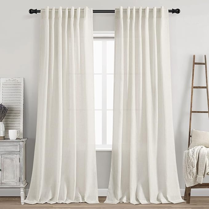 Cream Linen Curtains 91 Inches Long for Living Room Extra Long Back Tab Curtains Neutral Farmhouse Light Filtering Semi Sheer Linen Drapes Ceiling to Floor for Large Window 2 Panels Set 52x91