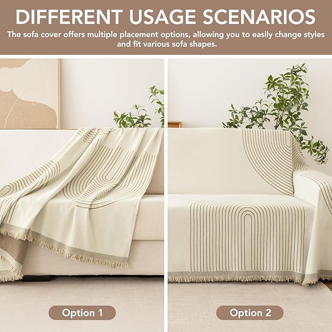 Couch Cover for Dogs, Boho Sofa Covers for 3 Cushion Couch, Chenille Sofa Slipcover for Pets Washable, L-Shape Sectional Couch Loveseat Cover Soft Throw Blankets with Tassels(91x150,Arc Beige)