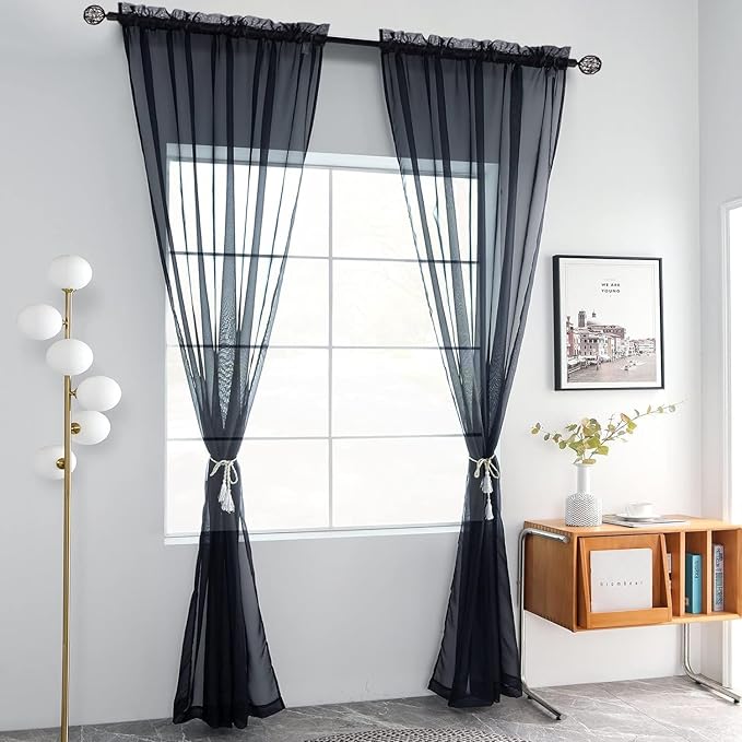 youleyar Solid Sheer Rod Pocket Curtain Voile Draperies 2 Panels White Beige Black Grey Coffee 52 Inch Width 45 Inch Long 1 Pair for Kitchen Bedroom Children Living Room Yard(Charcoal Grey,52Wｘ45L)