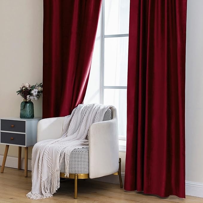 MIULEE Velvet Curtains 96 inches 2 Panels - Luxury Blackout Curtains for Bedroom Living Room Thermal Insulated Super Soft Christmas Window Drapes Rod Pocket & Back Tab, Burgundy Red, W52 x L96 inches