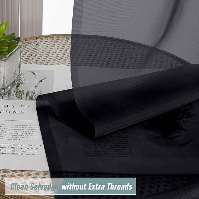 Black Sheer Curtains 90 Inches Long 2 Panels, Light Filtering Solid Sheer Curtains for Bedroom Living Room, Lightweight Soft Airy Window Voile Sheer Drapes, Dual Rod Pocket, 2x42Wx90L Inches