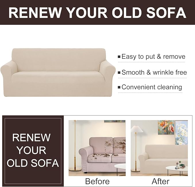 U-NICE HOME Stretch Couch Cover Sofa Cover Sofa Slipcover Furniture Protector for 4 Cushion Couch Sofa Pet Friendly(Oversized Sofa, Beige)
