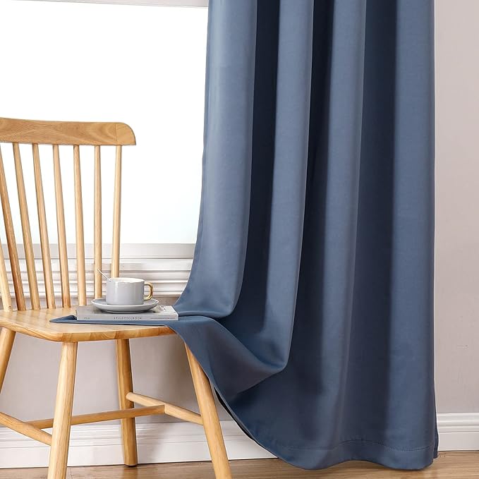 ChrisDowa 100% Blackout Curtains 63 inch Long for Bedroom with Black Liner, Extra Wide 2 Thick Layers Total Blackout Thermal Insulated Grommet Window Curtains 2 Panels Set (Stone Blue, 60 x 63 Inch)