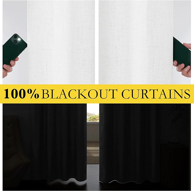NICETOWN 100% Absolutely Blackout Linen Curtains with Thermal Insulated Liner, Greyish White, 42" Wide, 72" Length Energy Saving Curtains for Classroom 2 Panels Set, Vertical Blinds