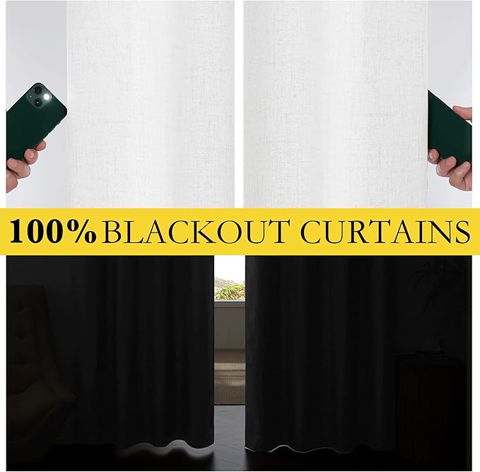 NICETOWN 100% Absolutely Blackout Linen Curtains with Thermal Insulated Liner, Greyish White, 62" Wide, 120" Length Energy Saving Curtains for Living Room 2 Panels Set, Vertical Blinds