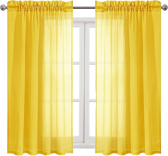 DWCN Yellow Sheer Curtains Semi Transparent Voile Rod Pocket Curtains for Bedroom, Living Room and Kitchen, 52 x 54 inches Long, Set of 2 Panels