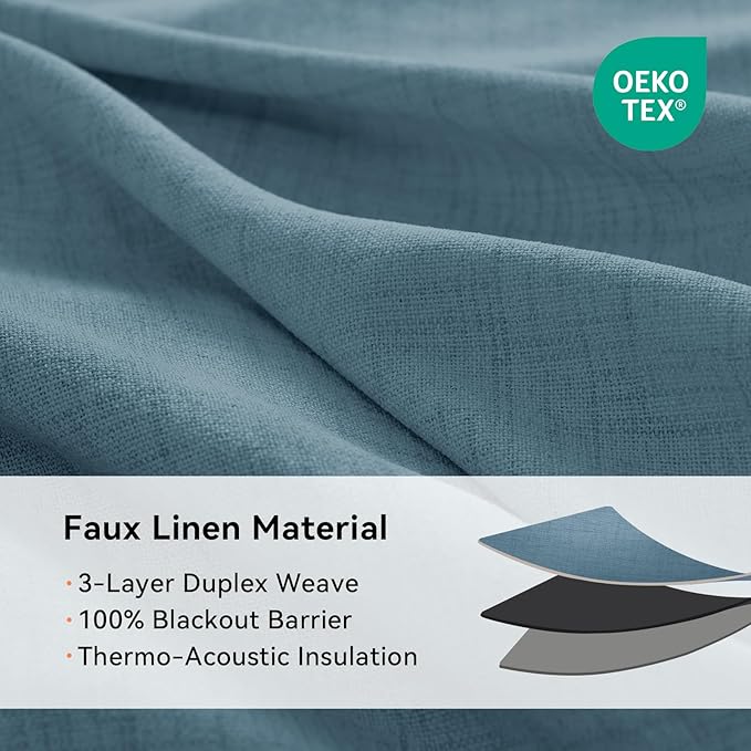 100% Blackout Shield Linen Blackout Curtains for Bedroom, Stone Blue Grommet Curtains for Living Room, Thermal Insulated Room Darkening Drapes for Nursery, Boho Home Decor, 50" W x 90" L, 2 Panels