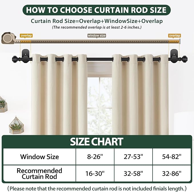 KAMANINA Curtain Rods No Drilling for Windows 32 to 86 Inches, 5/8 Inch Adjustable Renter Friendly Curain Rod with 3M Adhesive Brackets without Drilling, Black