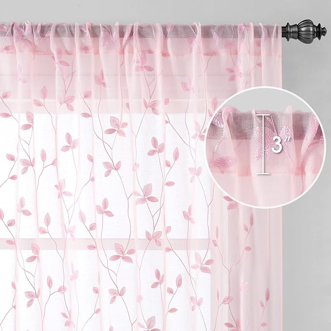 HOMEIDEAS Pink Sheer Curtains 52 X 84 Inches Length 2 Panels Embroidered Vine Floral Pattern Pocket Faux Linen Semi Sheer Voile Window Drapes for Bedroom Living Room