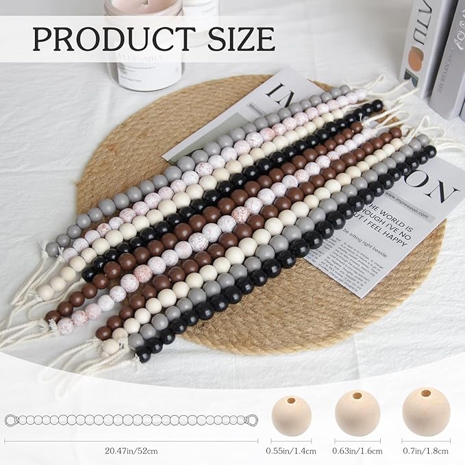 Hion 6 Pcs Boho Curtain Tiebacks,Wood Beads Curtain Holdbacks,Outdoor Farmhouse Tie Backs for Curtains,Curtain Holders for Drapes Home Office Room Decor with Hooks(Black)