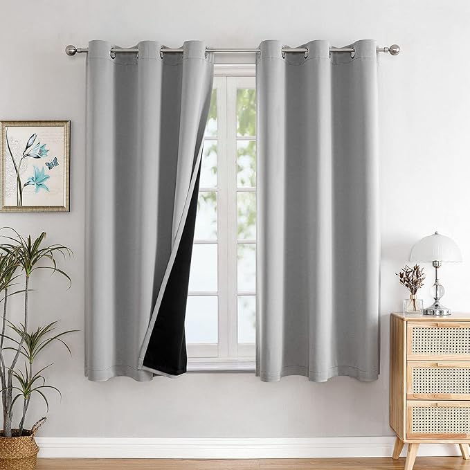 ChrisDowa 100% Blackout Curtains for Bedroom with Black Liner, 2 Thick Layers Total Blackout Thermal Insulated Grommet Small Window Curtains 54 Inch Length 2 Panels Set (Light Grey, 42 x 54 Inch)