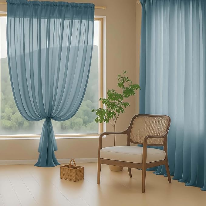 Dusty Blue Sheer Curtains 63 Inch Length 2 Panels, Voile Sheer Curtain for Living Room, Breathable Light Filtering Window Treatments, Soft Fabric Dual Rod Pocket Drapes, 2x42Wx63L Inches