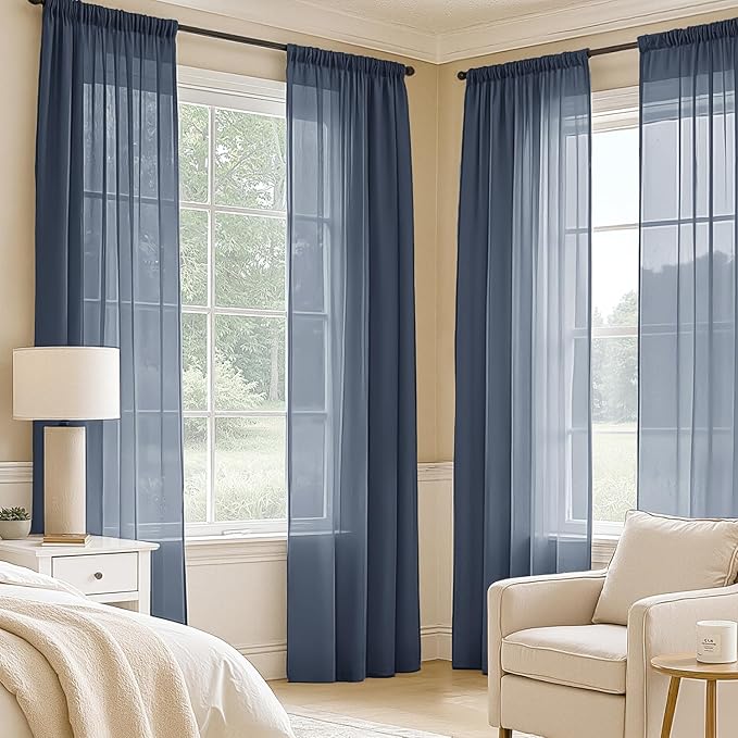 MIULEE Navy Blue Sheer Curtains 96 Inches Long, 4 Panels Set, Light Filtering Rod Pocket Voile Drapes Window Treatments, Semi Transparent Airy Fabric for Bedroom and Living Room, 42 x 96 Inches