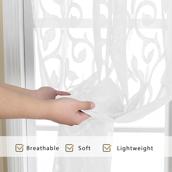 OWENIE Furman Sheer Curtains 63 inch Length for Bedroom Living Room 2 Panels Set, Jacquard Clip Textured Semi Sheer White Curtains, Light Filtering Rod Pocket Farmhouse Window Treatments, 40Wx63L inch