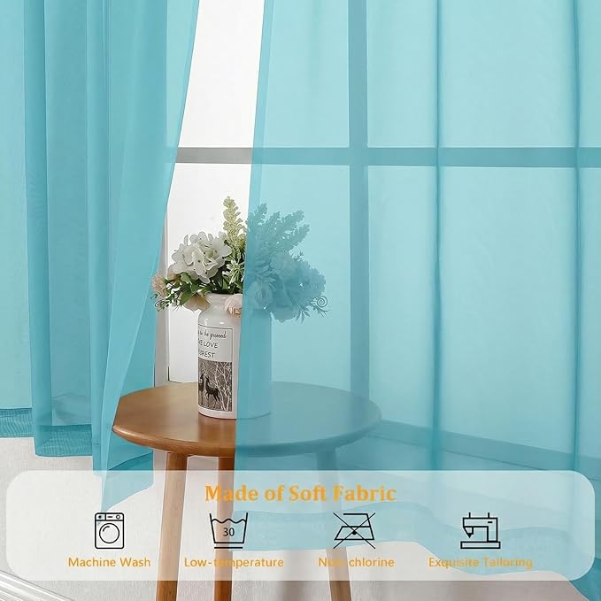 Gwine Sheer Curtains for Bedroom 54 inches Long - Light Filtering Voile Window Curtain Panels, Airy Transparent Rod Pocket Sheer Drapes for Living Room, Each 42Wx54L, 2 Panels, Aqua