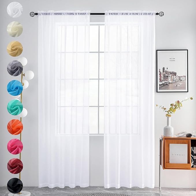 youleyar Sheer Rod Pocket Curtain Voile Draperies 2 Panels White Beige Black Grey Coffee 52 Inch Width 108 Inch Long 1 Pair for Kitchen Bedroom Children Living Room Yard (Optical White,52Wｘ108L)