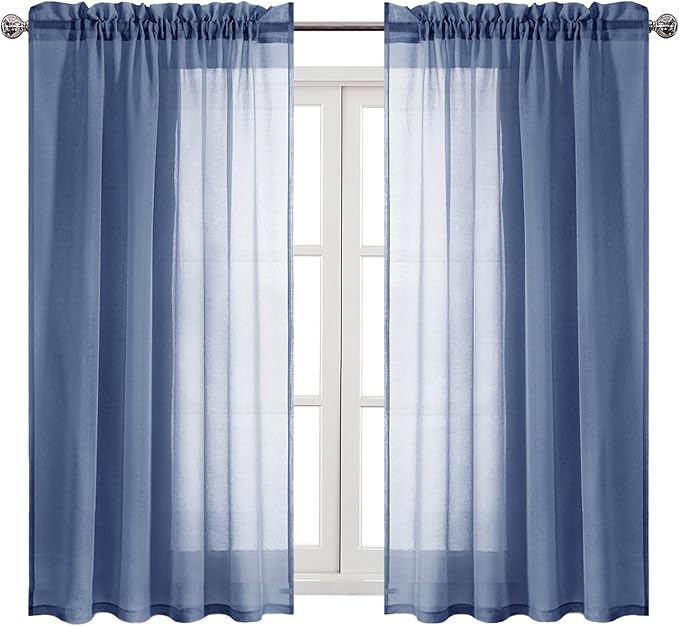 DWCN Sheer Curtains Semi Transparent Voile Rod Pocket Curtains for Bedroom and Living Room, Dusty Blue, 52 x 45 inches Long, Set of 2 Panels
