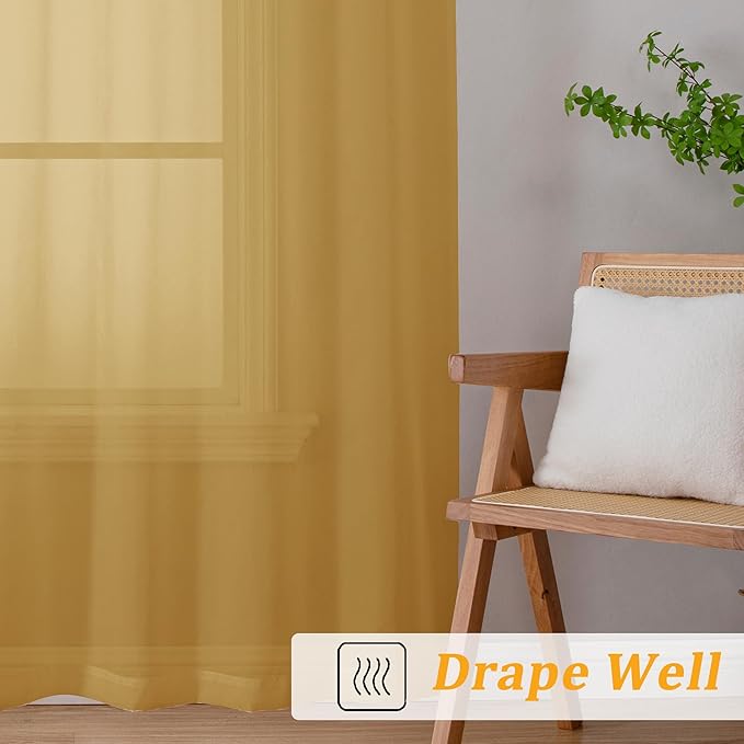 Gwine Gold Sheer Curtain Tiers 24 Inch Length, Light Filtering Voile Short Curtain for Living Room Bedroom, Rod Pocket Cafe Curtains for Small Windows 42x24 Inch, 2PCS