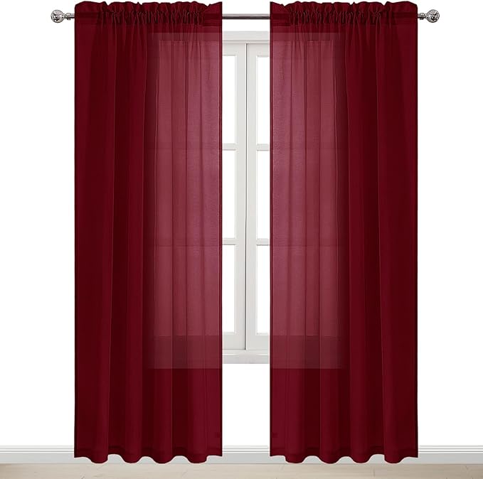 DWCN Christmas Burgundy Sheer Curtains Semi Transparent Voile Rod Pocket Curtains for Bedroom and Living Room, 52 x 84 inches Long, Set of 2 Panels