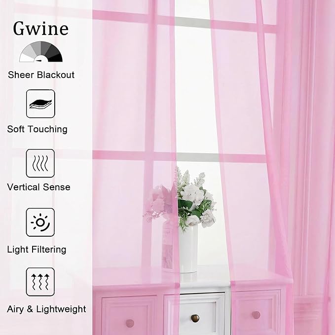 Gwine Sheer Curtains 63 Inch Length - Light Filtering Rod Pocket Window Curtain Panels for Bedroom, Elegant Soft Voile Living Room Sheer Drapes, Each 42Wx63L, 2 Panels, Pink