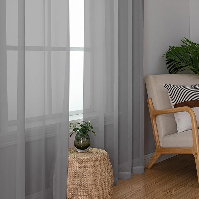 Chyhomenyc Extra Long Sheer Curtain Panels 96 Inches, 2 PCS, Voile Top Dual Rod Pockets Soft Touching Window Drapes Treatment for Children Room/Bedroom/Living Room/Hotel, 42W x 96L inch, Charcoal Grey
