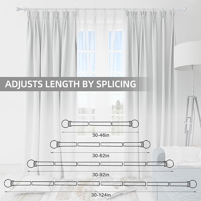 Thestoa Curtain Rods for Windows 30-62 Inch, 5/8" White Curtain Rod for Bedroom, Living Room,Kitchen,Farmhouse, Outdoor
