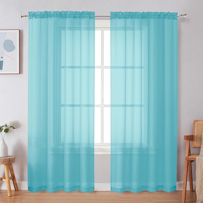 Simplebrand Aqua Sheer Curtains 72 Inches Long 2 Panels for Living Room, Rod Pockets Airy Window Treatments Voile Sheer Black Curtains Panels Lightweight for Front Back Patio Glass Door, 42" Width