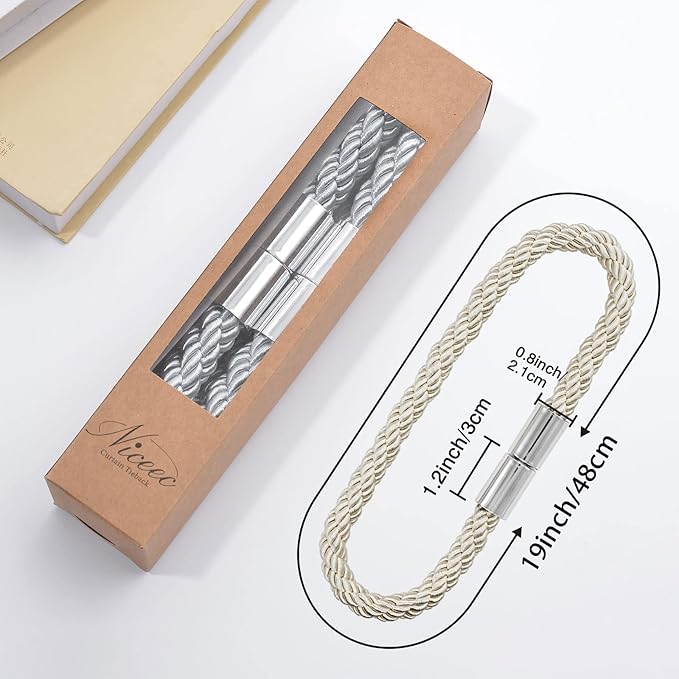 NICEEC 4 Pack Strong Magnetic Curtain Tiebacks Modern Simple Style Drape Tie Backs Convenient Decorative Weave Rope Curtain Holdbacks for Thin or Thick Home & Office Window Draperies (Beige)