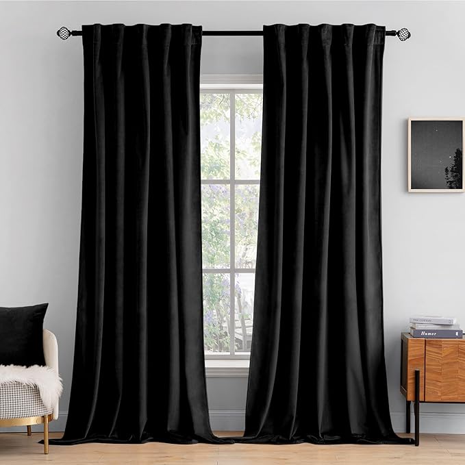 MIULEE Black Velvet Curtains 108 inches Long 2 Panels - Luxury Blackout Curtains for Bedroom Living Room Thermal Insulated Halloween Decorations Decor Super Soft Window Drapes Rod Pocket & Back Tab