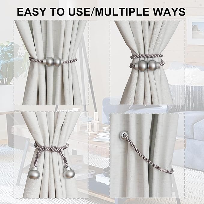 6 Pack Magnetic Curtain Tiebacks Modern Handmade Rope Curtain Tie Backs Decorative Drapes Weave Holdbacks for Home Outdoor Bedroom Office Decorative Curtain, Grey