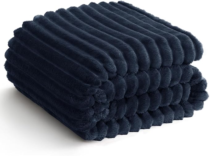 HIMEET Navy Blue Ribbed King Size Blanket for Bed - 300GSM Lightweight Fleece Blanket for Men Women, Large Cozy Sofa Couch Bed Blankets Gifts, Striped Spring Home Room Decor, Navy Blue, 108x90 Inches