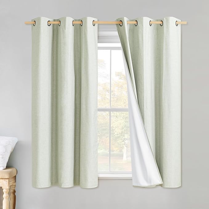 NICETOWN Sage Green Linen Blackout Curtains for Night Shift, Great Job, Set of 2, 42" by 45", Short Kitchen Burlap Linen 100% Blackout Drape Panels with Bronze Grommets for Blocking Light
