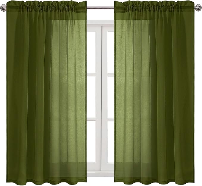 DWCN Olive Green Sheer Curtains Semi Transparent Voile Rod Pocket Curtains for Bedroom and Living Room, 52 x 45 inches Long, Set of 2 Panels