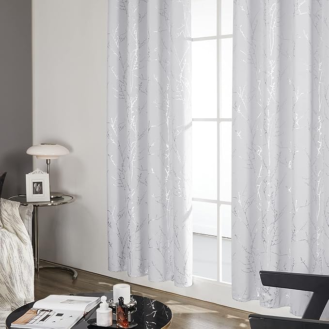 Deconovo Greyish White Curtains, Room Darkening Curtain, Thermal Insulated Soundproof Drapes, Silver Branch Print, 52 x 63 Inch Long, Grommet Window Panels for Living Room Bedroom Nursery, Set of 2