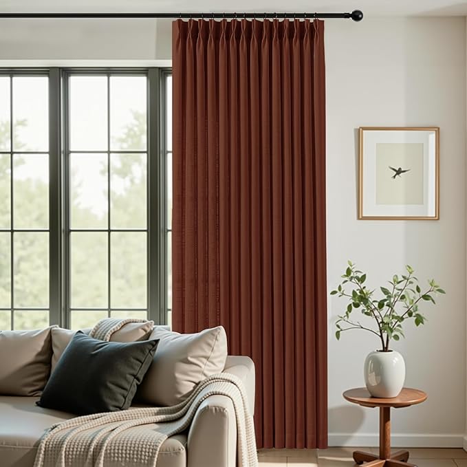 IVAPUPU Extra Long Pinch Pleated Curtains 108 Inch Long for Living Room, Semi Sheer Pinch Pleat Curtain Memory Trained Light Filtering Back Tab Linen Drapes for Bedroom, Chestnut Brown, 2 Panels