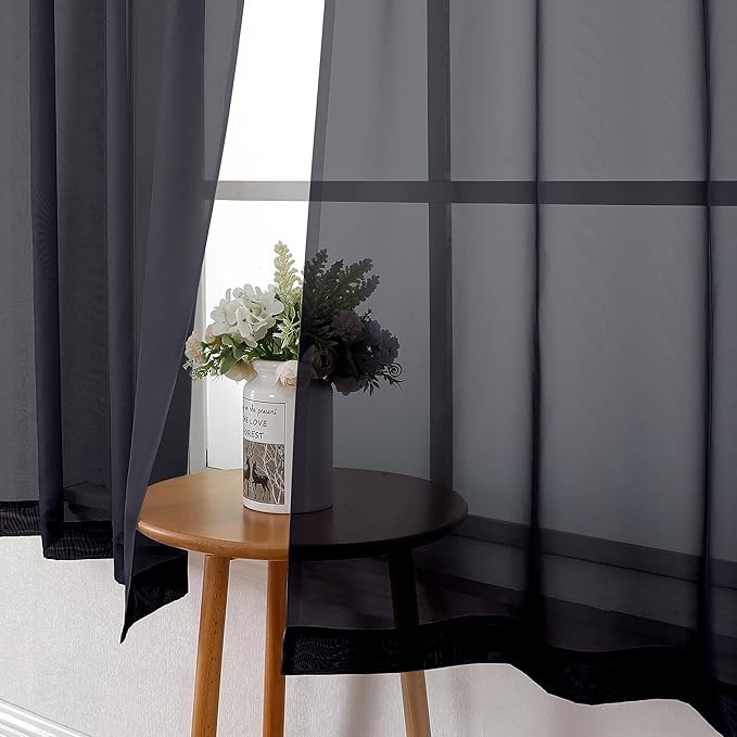 Lecloud Black Sheer Curtains 45 Inch Long 2 Panels, Short Voile Drapes for Dinning Small Windows, Light Filtering Voile Curtain for Living Room Bedroom Bathroom, Dual Rod Pocket, 40" Wx45 L