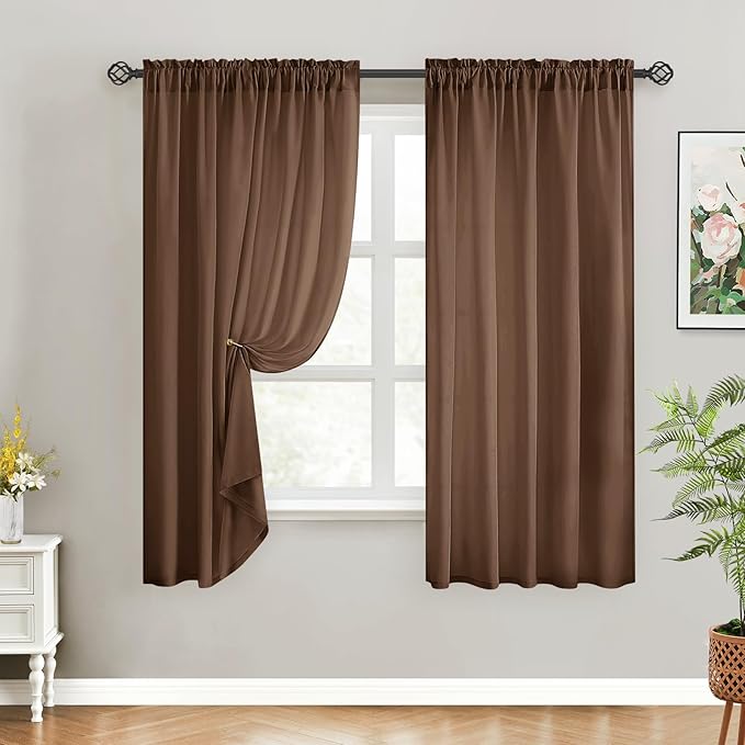 HOMEIDEAS Non-See-Through Brown Privacy Sheer Curtains, 52 X 63 Inches Long 2 Panels Sheer Curtains Light Filtering Window Drapes for Bedroom Living Room