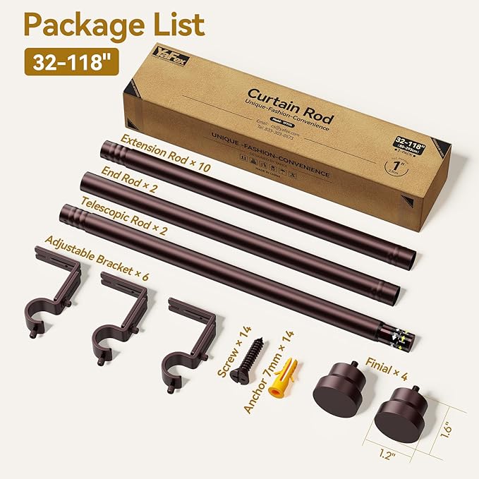 YaFex Curtain Rods 2 Pack 32-118 Inch, Heavy Duty 1 Inch Curtain Rod, Bronze Long Adjustable Window Treatment Rods,Modern Design, Easy Installation