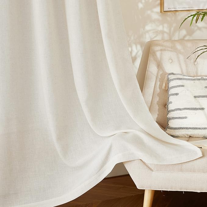 NICETOWN Semi Sheer Linen Burlap Curtains for Living Room, Grommet Privacy Semitransparent with Light Filter Flax Linen Blend Drapes for Bedroom Hall/Villa, W52 x L108, 2 Panels