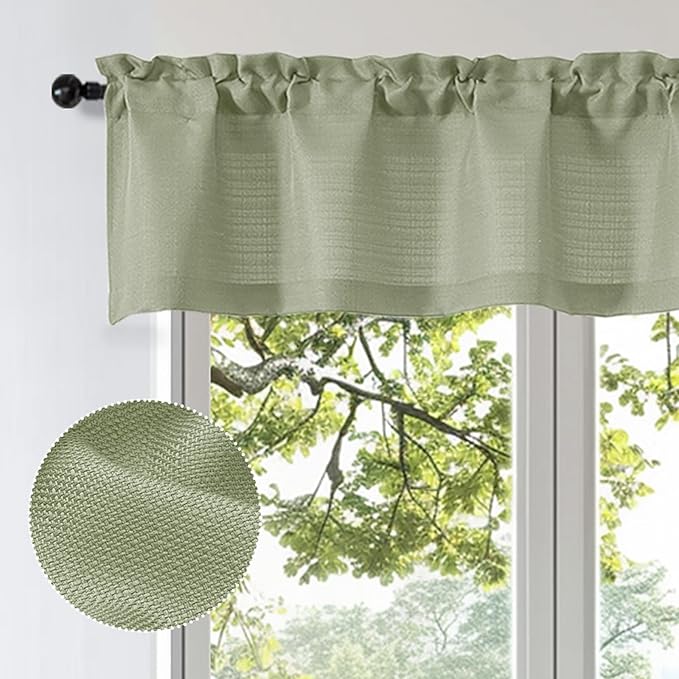 OWENIE Bob 1 PCS Green Valances for Windows, Faux Linen Textured Kitchen Window Curtains Valance for Bedroom Living Room, Modern Soft Airy Solid Rod Pocket Bathroom Cafe Curtain, 60Wx24L Inch