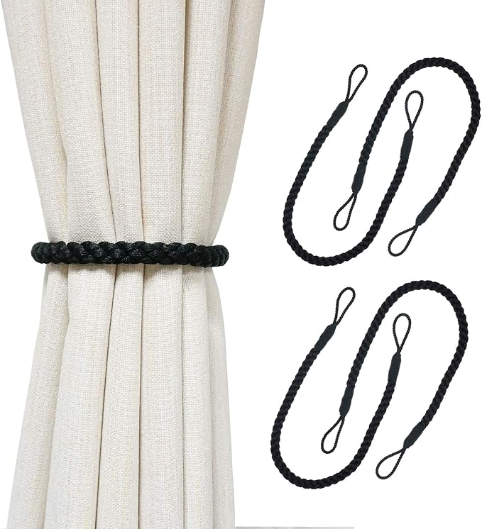 Curtain Tiebacks Ropes, 4pcs Decorative Handmade Tie Backs Curtain Holdbacks Holders Cord for Window Sheer Drapes Indoor Outdoor, Black