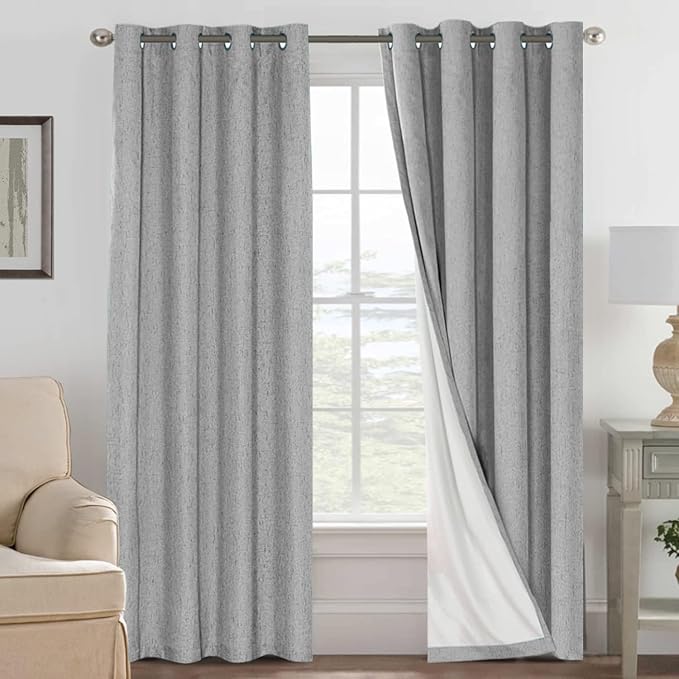 H.VERSAILTEX Linen Curtains 100% Blackout Curtains for Bedroom 90 inch Long Full Light Blocking Nature Linen Blended Window Curtains for Living Room Nickel Grommet (2 Panels, Dove Gray)
