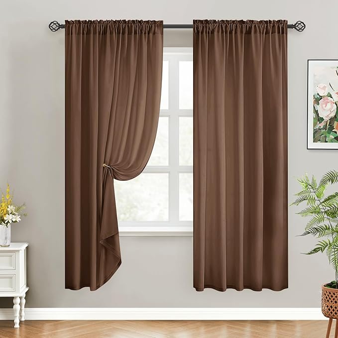 HOMEIDEAS Non-See-Through Brown Privacy Sheer Curtains, 52 X 72 Inches Long 2 Panels Sheer Curtains Light Filtering Window Drapes for Bedroom Living Room