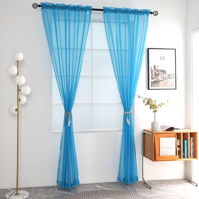 SpaceDresser Sheer Voile Window Treatment Rod Pocket Curtain Panels for Kitchen Bedroom Living Room Drapes Sunlight Filtering Privacy Semi Home Decor Assorted Colors Sizes (Cyan Blue, 52 W x 45 L)