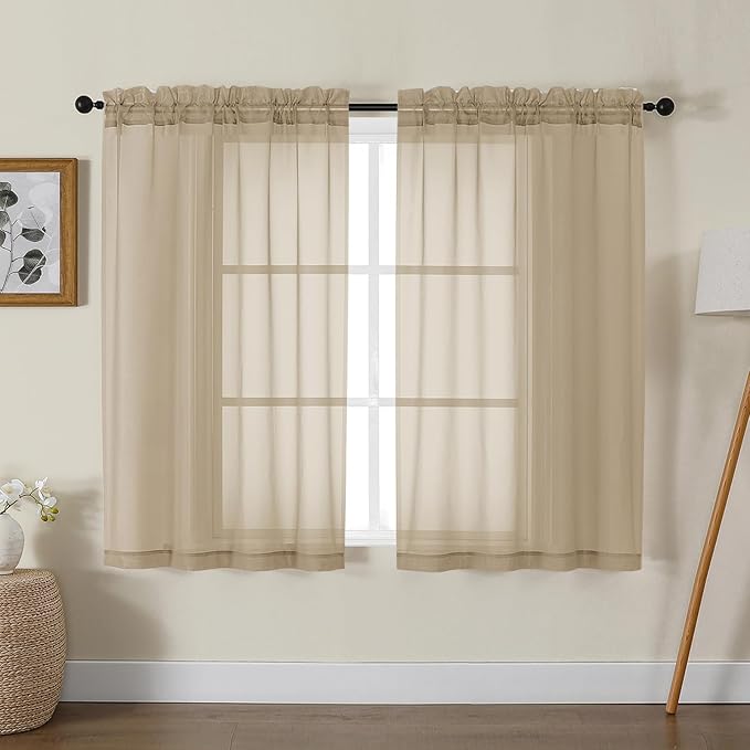 Gwine Taupe Sheer Curtains for Living Room 45 inches Long, Short Voile Light Filtering Window Treatments Sheer Curtains for Bedroom, Half Window Drapes with Rod Pocket, Each 42" Wx45 L