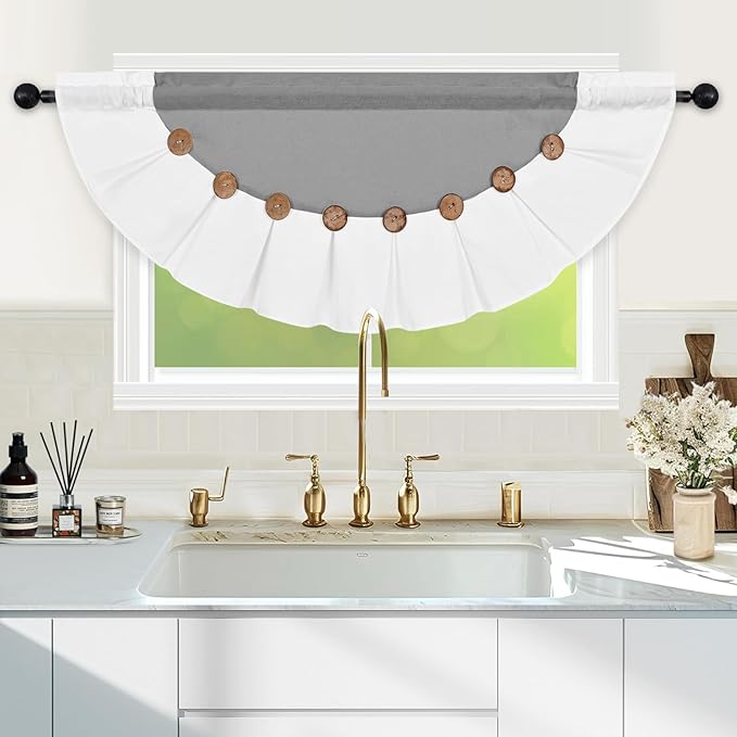 FRAMICS Farmhouse Valance Curtains, Boho Cotton Linen Kitchen Valance, Grey Rustic Button Window Valances for Bathroom Bedroom, Country Rod Pocket Valances, Semi-Circular, Grey, 52 x 18 Inch