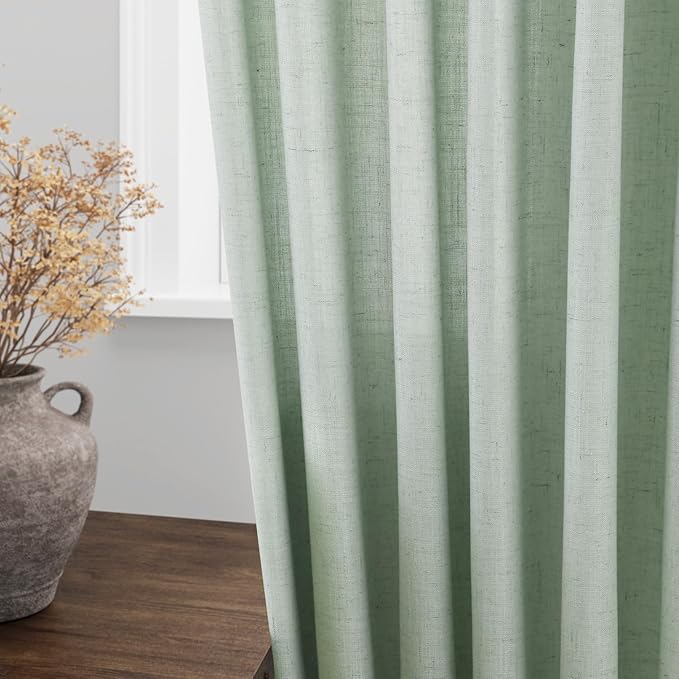 Nanspring Aqua Green Linen Curtains 84 Inch Length 2 Panels Set for Living Room Rod Pocket Back Tab Light Filtering Window Drapes for Bedroom Dining Room Protect Privacy Modern Farmhouse Decor 52x84