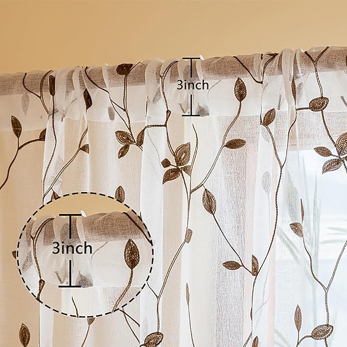 AmHoo 2 Panels Embroidered Leaf Pattern Semi Sheer Curtains Foliage Floral Voile Window Draperies Treatment for Bedroom Living Room Rod Pocket White Brown 53 x 63 Inch