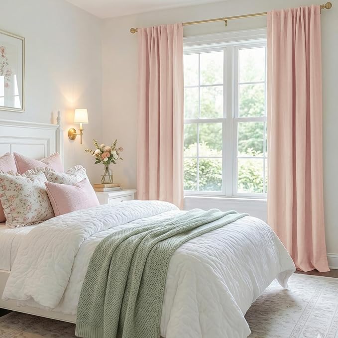 100% Blackout Shield Creamy Peach Linen Blackout Curtains for Bedroom 90 Inches Long, Back Tab/Rod Pocket Living Room Drapes, Thermal Insulated Blackout Curtains 2 Panels Set, 50" W x 90" L